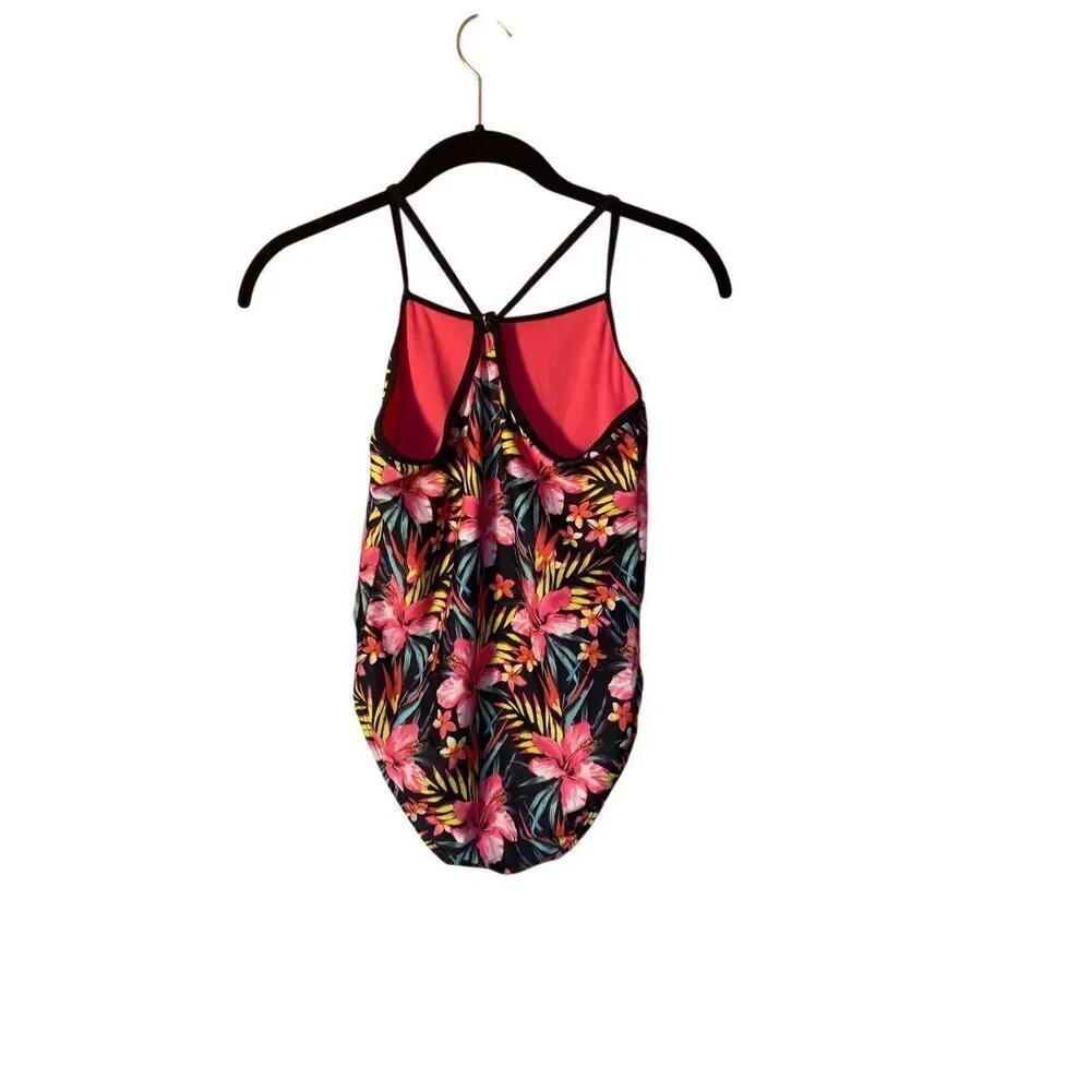 Hurley Girls Black Hyper Pink Floral Tropical One Piece Swimsuiu 10/12